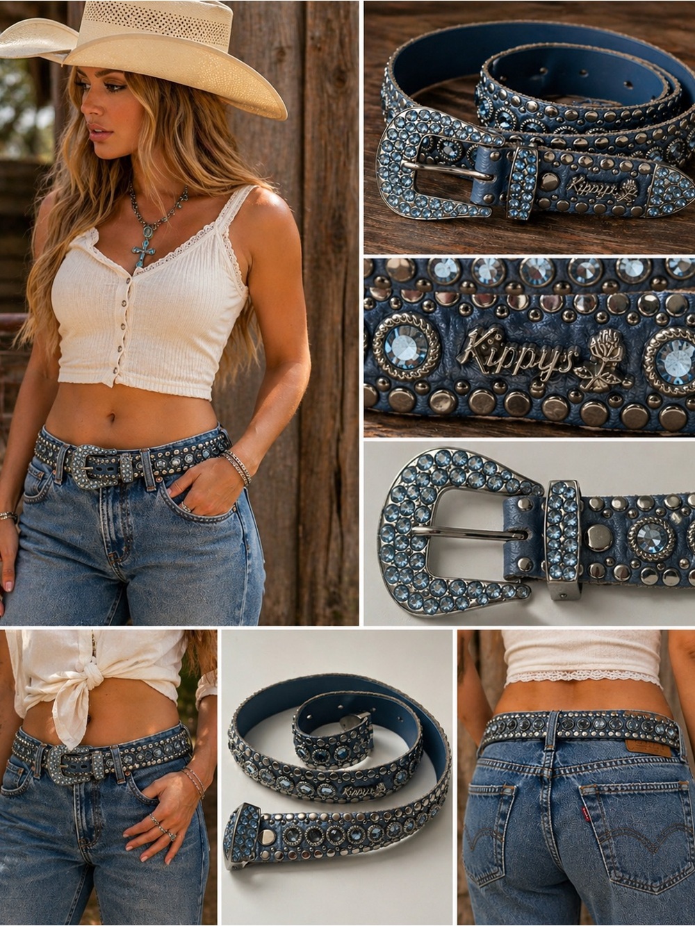 Kippys Swarovski Rhinestone Studded Leather Belt Blue Crystal Western Size 30